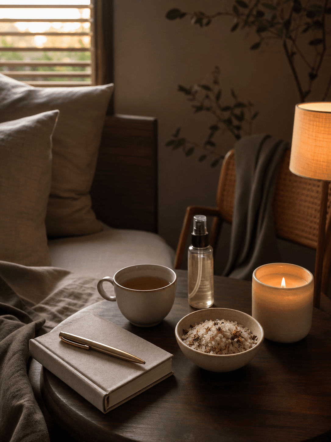 A curated Araw Rituals bundle with candle, bath salt, tea, linen spray, room mist, and journal