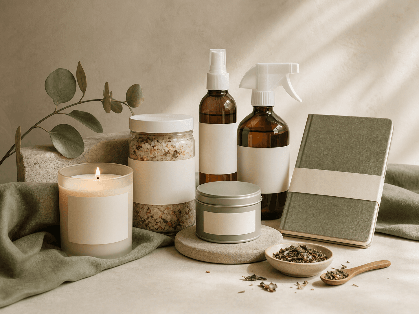 Evening wellness ritual with tea, journal, bath salt, linen spray, and candle